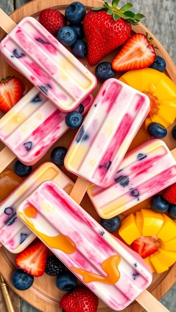 Frozen Yogurt Ice Cream Bars Recipe Colorful frozen yogurt ice cream bars made with mixed fruits, displayed on a wooden platter with fresh fruit.